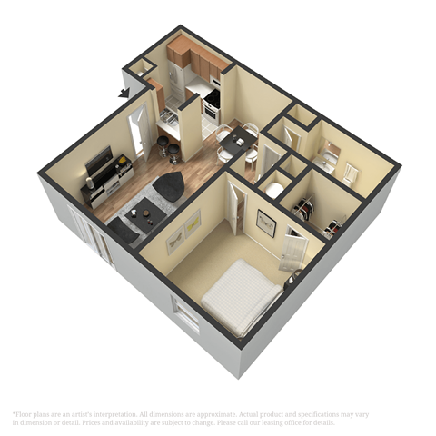 a 3d floor plan of a small apartment